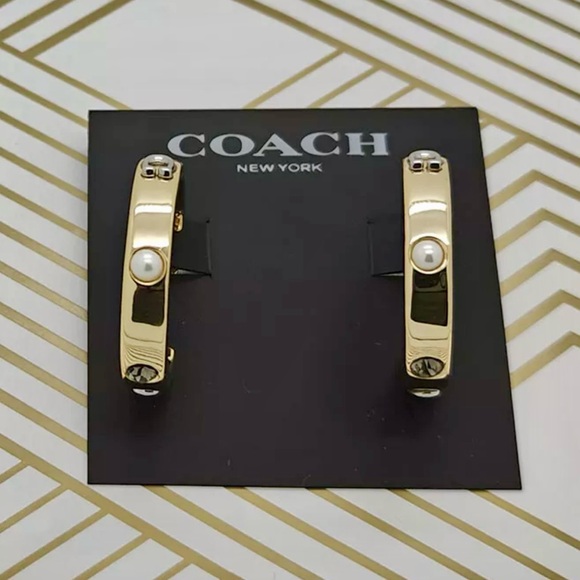 Coach Gold Pegged Signature C Faux Pearl Crystal Hoop Earrings - Picture 1 of 8